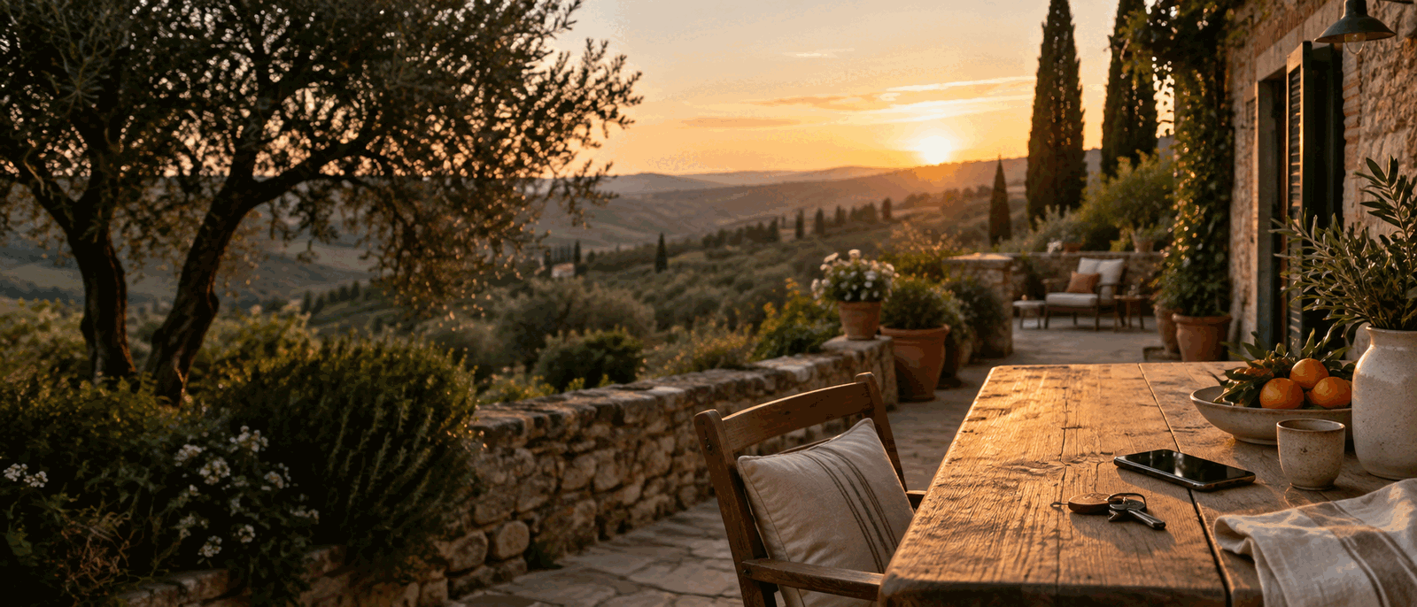 Italienische Landschaft mit Olivenbäumen und Hügeln bei Sonnenuntergang